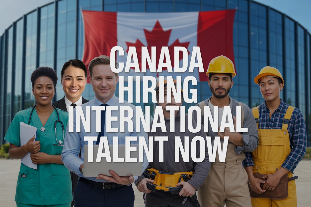 Create a realistic image of a diverse group of international professionals including a black female healthcare worker in scrubs, a white male software developer at a laptop, an Asian female construction worker with a hard hat, a Middle Eastern male truck driver, and a Hispanic female agricultural worker, all standing together in front of a modern Canadian office building with the Canadian flag visible, bright professional lighting, with bold text overlay reading "Canada Hiring International Talent Now" in white letters against a semi-transparent blue background.