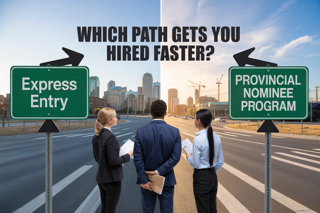 Create a realistic image of a split-screen comparison showing two pathways represented by modern road signs, with the left side displaying "Express Entry" and the right side showing "Provincial Nominee Program", both signs pointing toward a bright city skyline in the background featuring office buildings and construction cranes symbolizing job opportunities, include a diverse group of three professional job seekers - one white female, one black male, and one Asian female - standing at a crossroads in business attire holding documents and looking thoughtfully at both pathway options, set the scene during golden hour lighting with a clean, modern urban environment, and overlay the text "Which Path Gets You Hired Faster?" prominently across the top of the image in bold, professional typography.