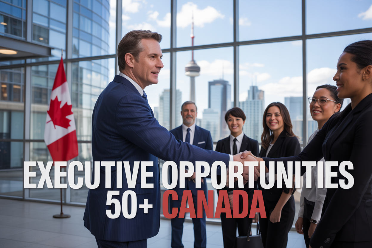 Create a realistic image of a confident middle-aged white male executive in a navy business suit shaking hands with a diverse group of Canadian business professionals in a modern glass office building with the Canadian flag visible in the background, Toronto skyline through floor-to-ceiling windows, professional lighting, with the text "Executive Opportunities 50+ Canada" displayed prominently in the foreground in bold, modern typography.