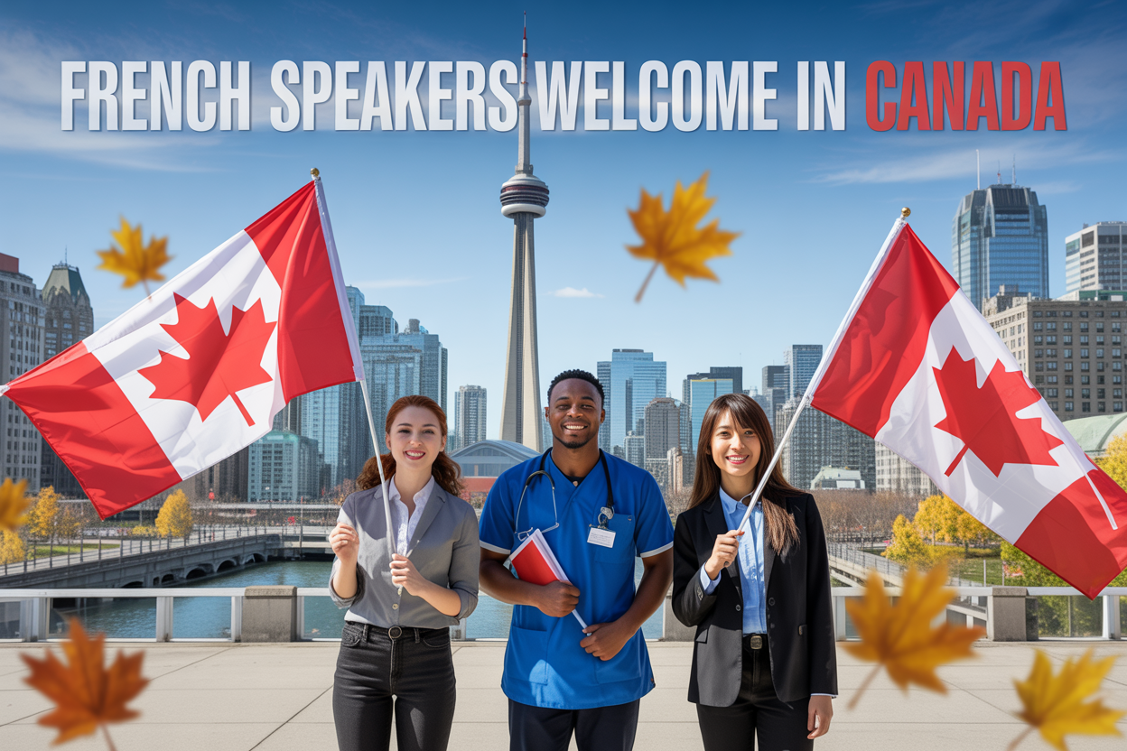 Create a realistic image of a diverse group of professionals including a white female teacher, a black male healthcare worker, and an Asian female engineer standing in front of a modern Canadian cityscape with the CN Tower visible in the background, holding Canadian and French flags, with maple leaves scattered in the foreground, bright daylight lighting, and the text "French Speakers Welcome in Canada" prominently displayed across the top of the image in bold, professional font.