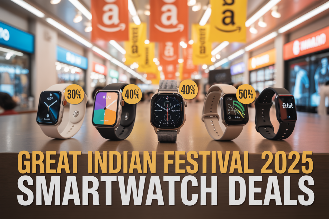 Create a realistic image of a vibrant festival-themed shopping scene featuring multiple premium smartwatches (Apple Watch, Samsung Galaxy Watch, and Fitbit) displayed on a modern tech store counter with bright orange and yellow Amazon sale banners in the background, discount percentage tags (30%, 40%, 50% OFF) prominently attached to each smartwatch, warm festival lighting with subtle bokeh effects, and bold text overlay reading "Great Indian Festival 2025 Smartwatch Deals" in modern sans-serif font.