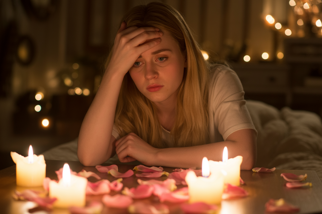 Create a realistic image of a young white female looking confused and contemplative while sitting alone in a dimly lit bedroom, with her hand on her forehead showing signs of emotional distress, surrounded by scattered rose petals and flickering candles creating an mystical atmosphere, with soft shadows and warm amber lighting suggesting an enchanted or supernatural influence, absolutely NO text should be in the scene.