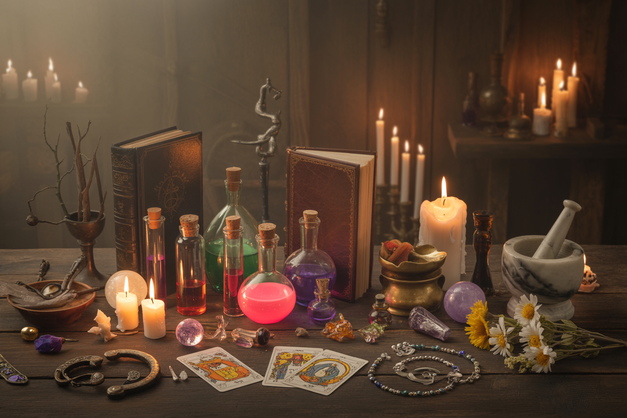 Create a realistic image of various mystical objects arranged on a dark wooden table including ancient spellbooks with worn leather covers, colorful glass vials containing glowing potions in pink and red hues, burning candles with melting wax, crystal balls, tarot cards scattered around, dried herbs and flowers, a mortar and pestle, and ornate jewelry pieces, set against a dimly lit mystical background with soft candlelight creating atmospheric shadows, conveying a mysterious and enchanting mood. Absolutely NO text should be in the scene.