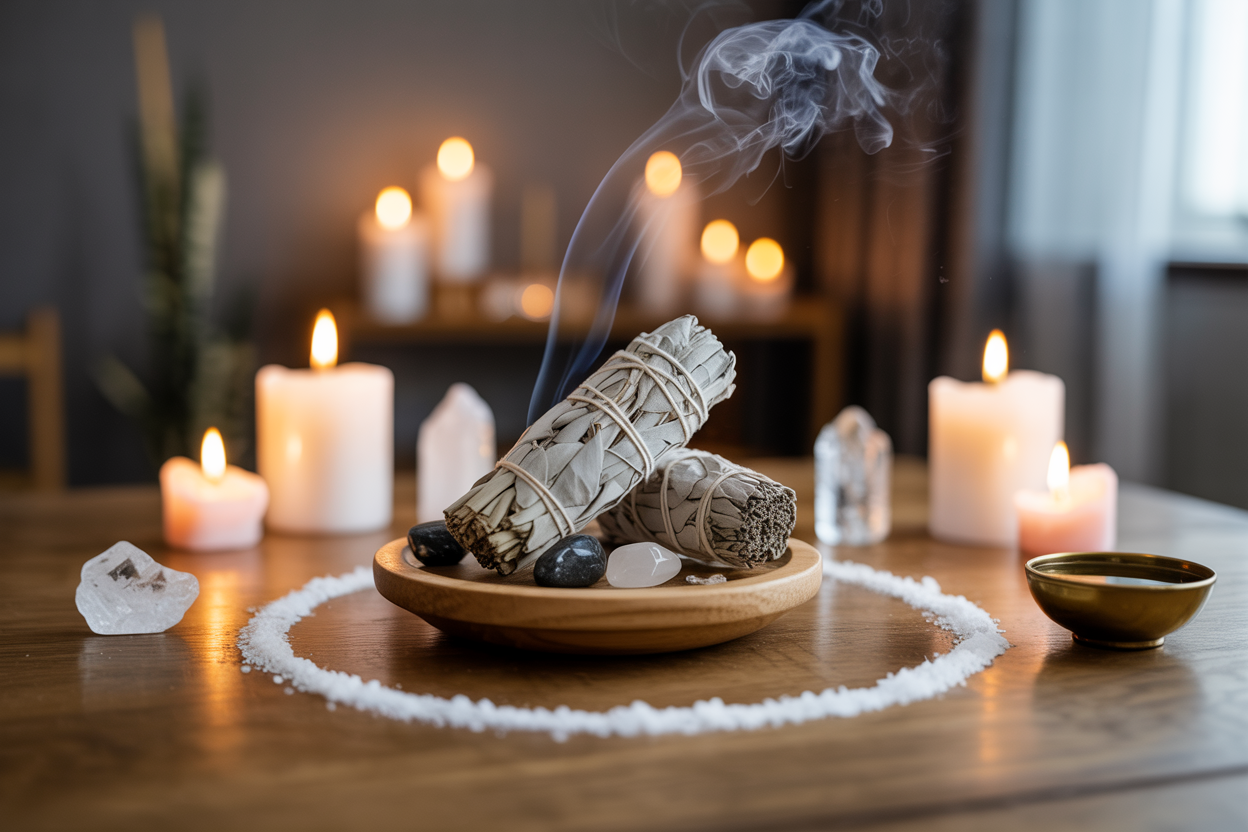 Create a realistic image of various mystical tools and supplies arranged on a dark wooden table including white sage bundles, salt crystals, black candles, clear quartz crystals, a small bowl of water, dried herbs in glass jars, a wooden wand, and a leather-bound book, with soft candlelight creating warm shadows and a mysterious atmosphere in the background, absolutely NO text should be in the scene.