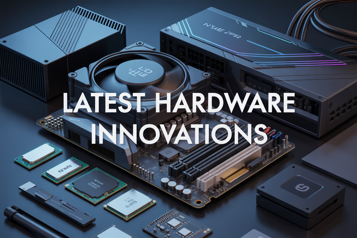 Create a realistic image of modern computer hardware components arranged on a sleek dark surface, featuring a high-end CPU processor with visible pins, an advanced GPU graphics card with RGB lighting, ultra-fast NVMe SSD storage drives, a sophisticated motherboard with multiple ports and connectors, and a modular power supply unit, all components displaying futuristic design elements with subtle blue and green LED accents, professional studio lighting creating dramatic shadows, with the text "Latest Hardware Innovations" prominently displayed in modern typography overlaying the composition.