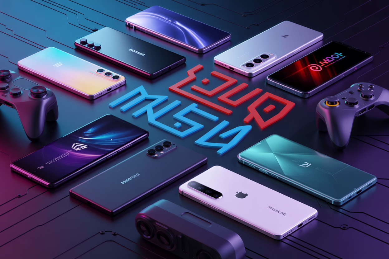 Create a realistic image of multiple premium gaming smartphones arranged in a dynamic diagonal layout on a sleek black surface with dramatic lighting, featuring visible brand logos including Samsung Galaxy, iPhone, ASUS ROG, Red Magic, OnePlus, and Xiaomi phones, with colorful RGB gaming lights reflecting off the devices, gaming controller accessories nearby, and bold Arabic text "أفضل الهواتف الذكية للألعاب" overlaid in modern typography, set against a dark gradient background with subtle tech circuit patterns and vibrant blue and purple accent lighting creating a high-tech gaming atmosphere.