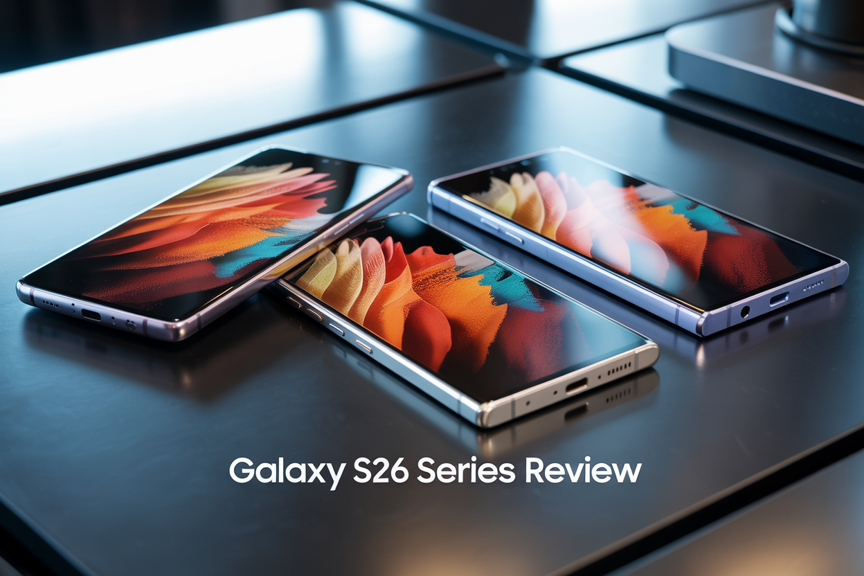 Create a realistic image of three Samsung Galaxy S26 smartphones (Ultra, Plus, and base model) arranged in an elegant diagonal composition on a sleek dark surface with subtle reflections, each phone displaying vibrant colorful wallpapers on their screens, with soft professional studio lighting creating gentle highlights on the metallic frames, modern tech background with subtle gradient lighting, and overlay text reading "Galaxy S26 Series Review" in clean modern font.
