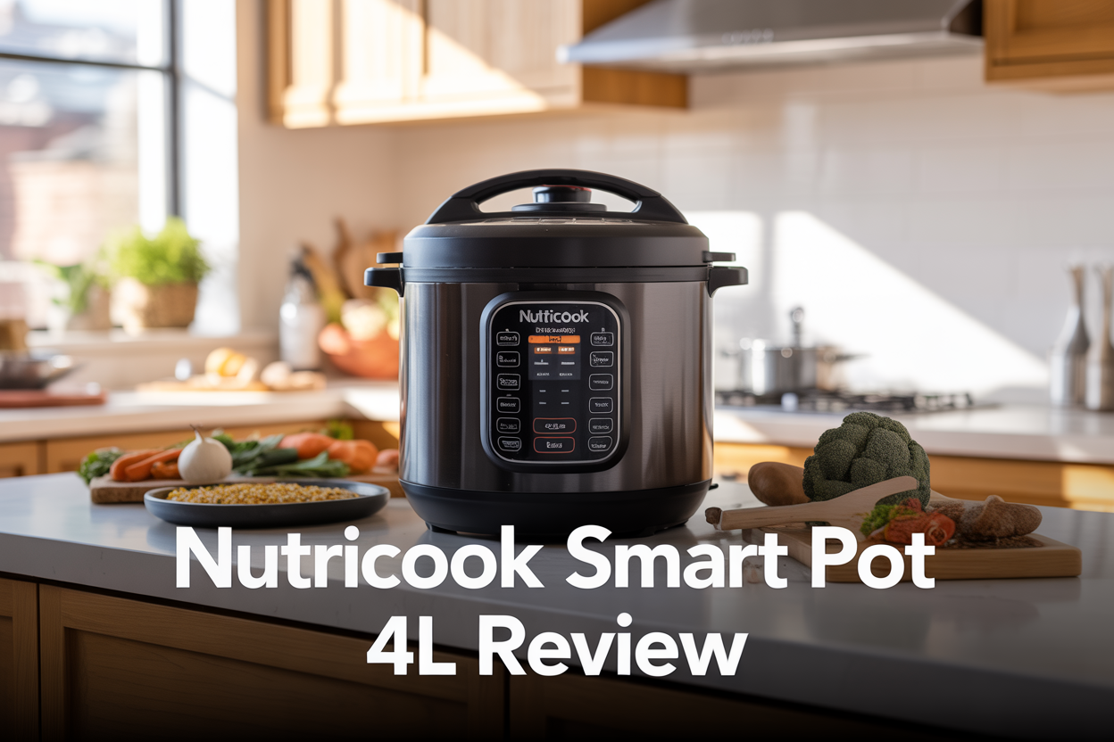Create a realistic image of a sleek black Nutricook Smart Pot electric pressure cooker 4L prominently displayed on a clean white kitchen countertop, with its digital control panel clearly visible showing various cooking mode buttons, surrounded by fresh ingredients like vegetables and grains suggesting versatility, with warm natural lighting from a nearby window creating soft shadows, and the text "NUTRICOOK SMART POT 4L REVIEW" overlaid in modern sans-serif font at the bottom of the image, with a subtle gradient background transitioning from white to light gray to emphasize the product as the focal point.