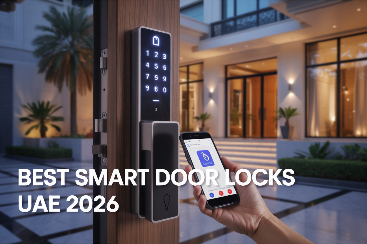 Create a realistic image of a modern smart door lock mounted on a sleek wooden door, featuring a digital keypad with glowing blue LED numbers, fingerprint scanner, and smartphone app interface visible on a hand holding a phone nearby, with a luxurious UAE villa entrance background showing marble floors and palm plants, warm golden lighting creating an upscale ambiance, and bold text overlay reading "Best Smart Door Locks UAE 2026" in modern sans-serif font.