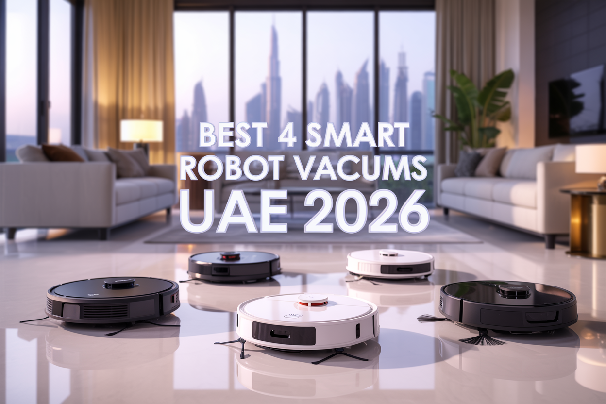 Create a realistic image of four modern robotic vacuum cleaners arranged on a pristine white marble floor in a contemporary UAE home living room, with each robot displaying different brand designs including one sleek black circular model, one white minimalist design, one with advanced mapping sensors, and one premium model with self-emptying dock, featuring warm ambient lighting from large windows showing Dubai skyline in soft focus background, with floating holographic-style text overlay reading "Best 4 Smart Robot Vacuums UAE 2026" in both English and Arabic script, creating a high-tech yet homely atmosphere that emphasizes luxury and convenience.