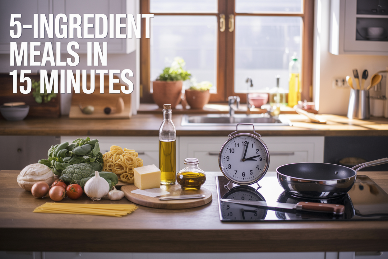 Create a realistic image of a modern kitchen counter with five simple ingredients (fresh vegetables, pasta, olive oil, garlic, and cheese) neatly arranged alongside essential cooking tools like a sharp knife, cutting board, and skillet, with a clock showing 15 minutes prominently displayed, warm natural lighting streaming through a window, and the text "5-Ingredient Meals in 15 Minutes" overlaid in clean, modern typography at the top of the image.