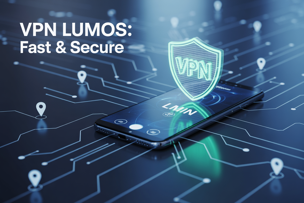 Create a realistic image of a modern smartphone displaying the VPN Lumos app interface with a glowing shield icon on the screen, surrounded by digital security elements like encrypted data streams, network connection lines, and location pin icons representing global servers, set against a dark blue gradient background with subtle circuit patterns, featuring the text "VPN LUMOS: FAST & SECURE" prominently displayed, with soft blue and green lighting effects that convey trust and digital security.