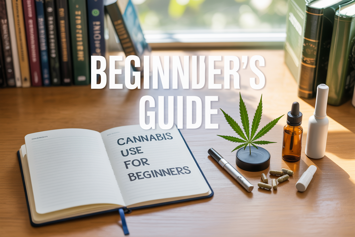 Create a realistic image of a clean, modern educational scene featuring an open notebook with "Cannabis Use For Beginners" written as the title, surrounded by cannabis education materials including a small cannabis leaf, a few different consumption devices (vaporizer, tincture bottle, capsules) arranged neatly on a wooden desk, with soft natural lighting from a window, books about cannabis in the background, and a welcoming, professional atmosphere that conveys learning and responsible use, with the text "BEGINNER'S GUIDE" prominently displayed in clean, modern typography.
