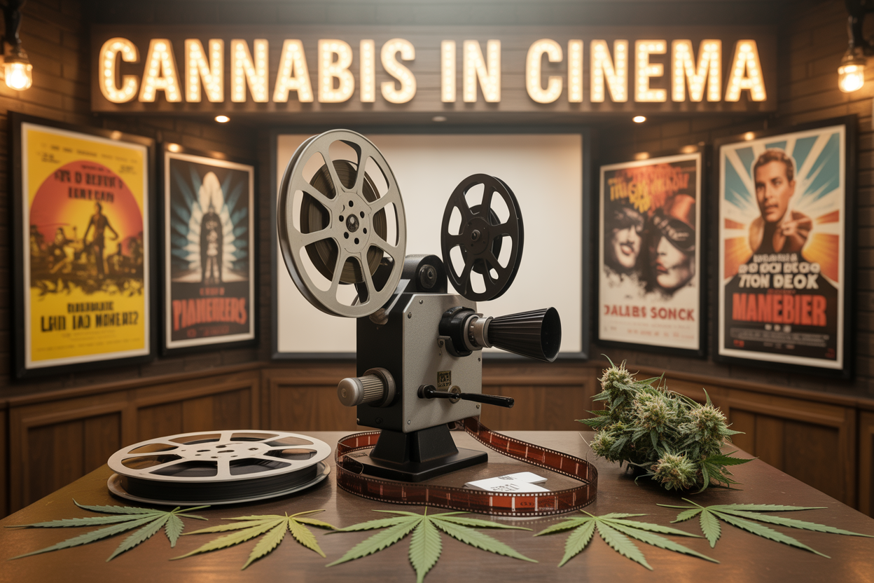 Create a realistic image of a vintage movie theater setting with a classic film projector casting light onto a screen, surrounded by iconic cannabis-related movie posters from different eras including psychedelic 1960s designs and modern film artwork, with film reels scattered on a wooden table alongside cannabis leaves as decorative elements, warm golden lighting creating a nostalgic cinematic atmosphere, and the text "Cannabis in Cinema" displayed prominently across the top in classic movie theater marquee-style lettering.