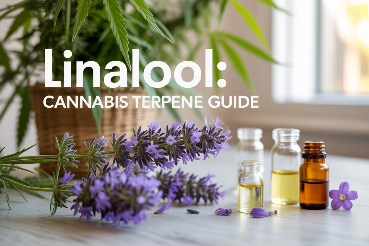 Create a realistic image of a close-up view of fresh lavender flowers in the foreground with cannabis leaves visible in the soft-focused background, accompanied by small glass vials containing essential oils and a few scattered purple flower petals on a clean white laboratory or natural wooden surface, with warm natural lighting creating a scientific yet organic atmosphere, and the text "Linalool: Cannabis Terpene Guide" elegantly overlaid in modern sans-serif font in the upper portion of the image.