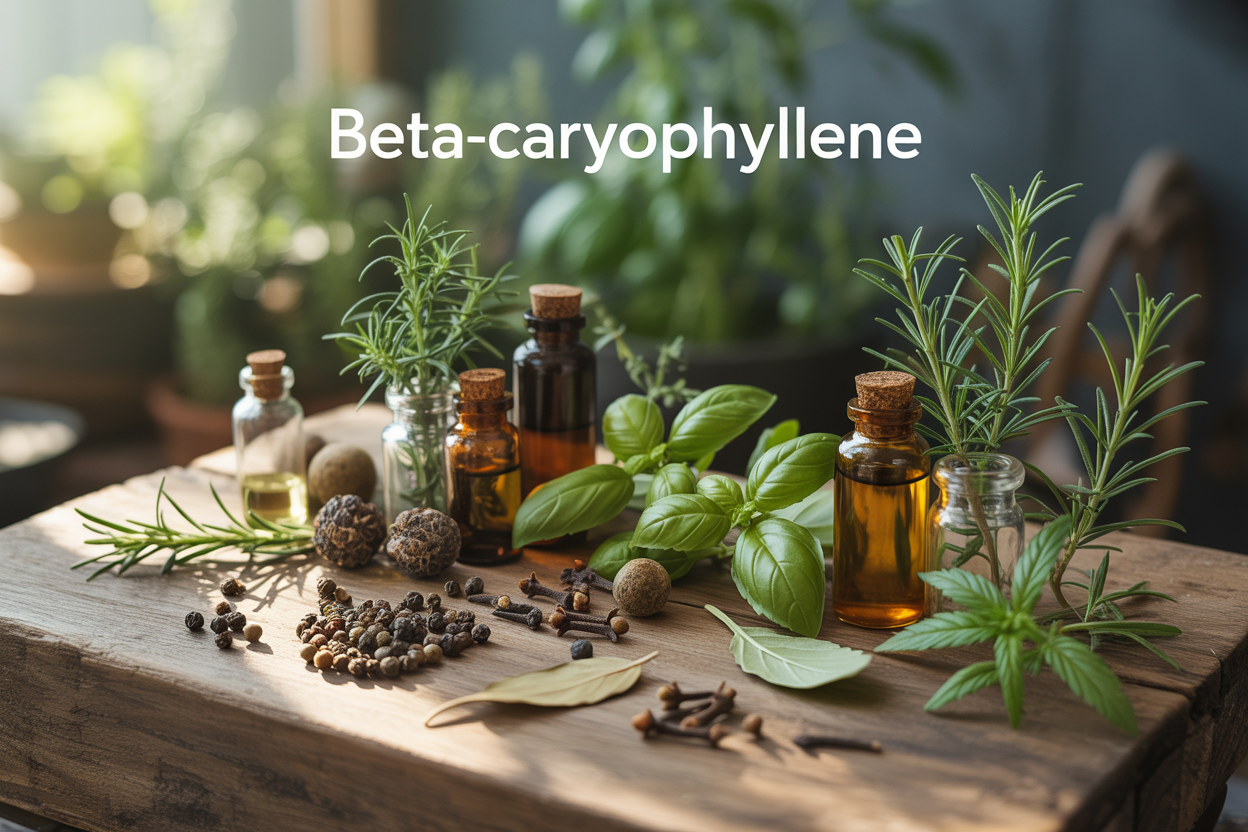 Create a realistic image of various aromatic plants and spices arranged on a rustic wooden surface, featuring black peppercorns, fresh basil leaves, rosemary sprigs, cloves, and cannabis leaves as the main subjects, with glass vials containing essential oils and dried herbs scattered around, soft natural lighting coming from the left side creating gentle shadows, earthy green and brown color palette with pops of amber from the oil vials, and the text "Beta-Caryophyllene" elegantly overlaid in modern sans-serif font in the upper portion of the image, with a blurred botanical background suggesting a natural herb garden setting.
