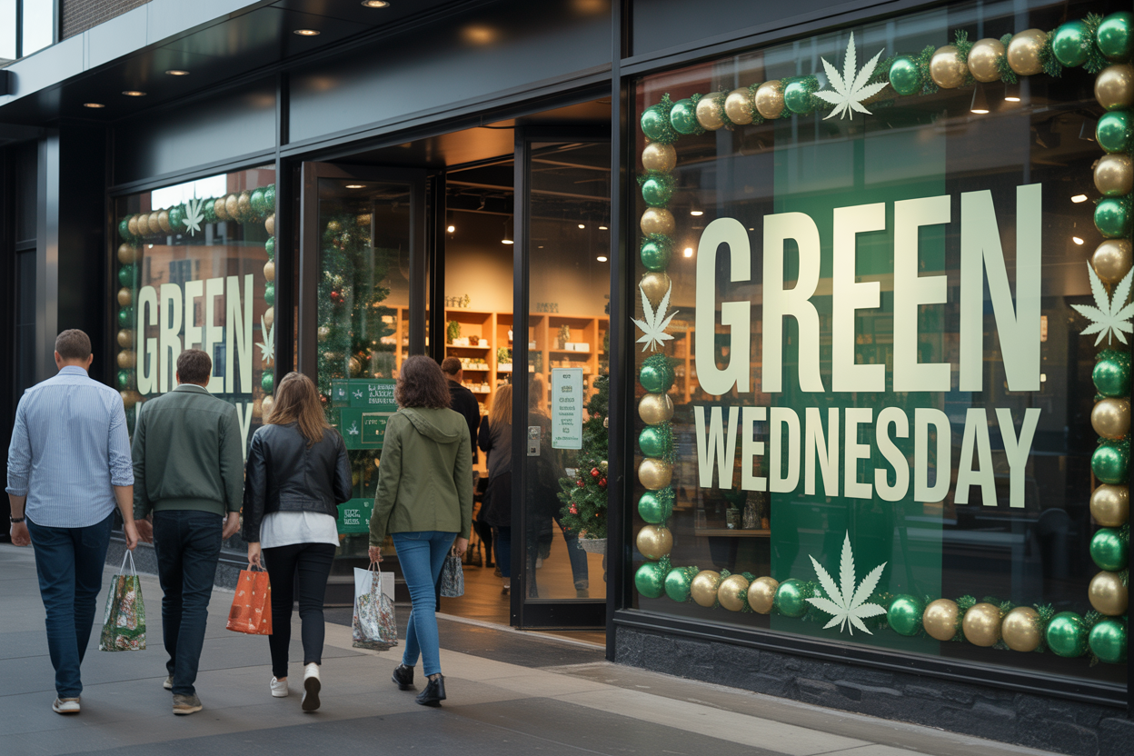 Create a realistic image of a modern cannabis dispensary storefront with large glass windows displaying "Green Wednesday" promotional signage, featuring green and gold holiday decorations intertwined with cannabis leaf motifs, a diverse group of customers including a white male and black female walking toward the entrance, warm golden lighting from inside the store contrasting with cool evening lighting outside, shopping bags and festive holiday elements visible, with bold text overlay reading "GREEN WEDNESDAY" in modern typography.