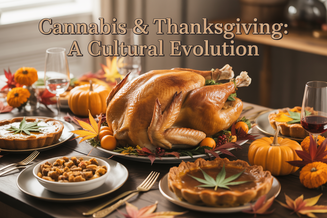 Create a realistic image of a warm, inviting Thanksgiving dinner table featuring a golden roasted turkey as the centerpiece, surrounded by traditional holiday dishes like stuffing, cranberry sauce, and pumpkin pie, with subtle cannabis leaves artistically incorporated into the autumn-themed table decorations alongside orange marigolds, maple leaves, and small pumpkins, shot with soft golden hour lighting that creates a cozy, welcoming atmosphere, with the text "Cannabis & Thanksgiving: A Cultural Evolution" elegantly overlaid in serif font at the top of the image.