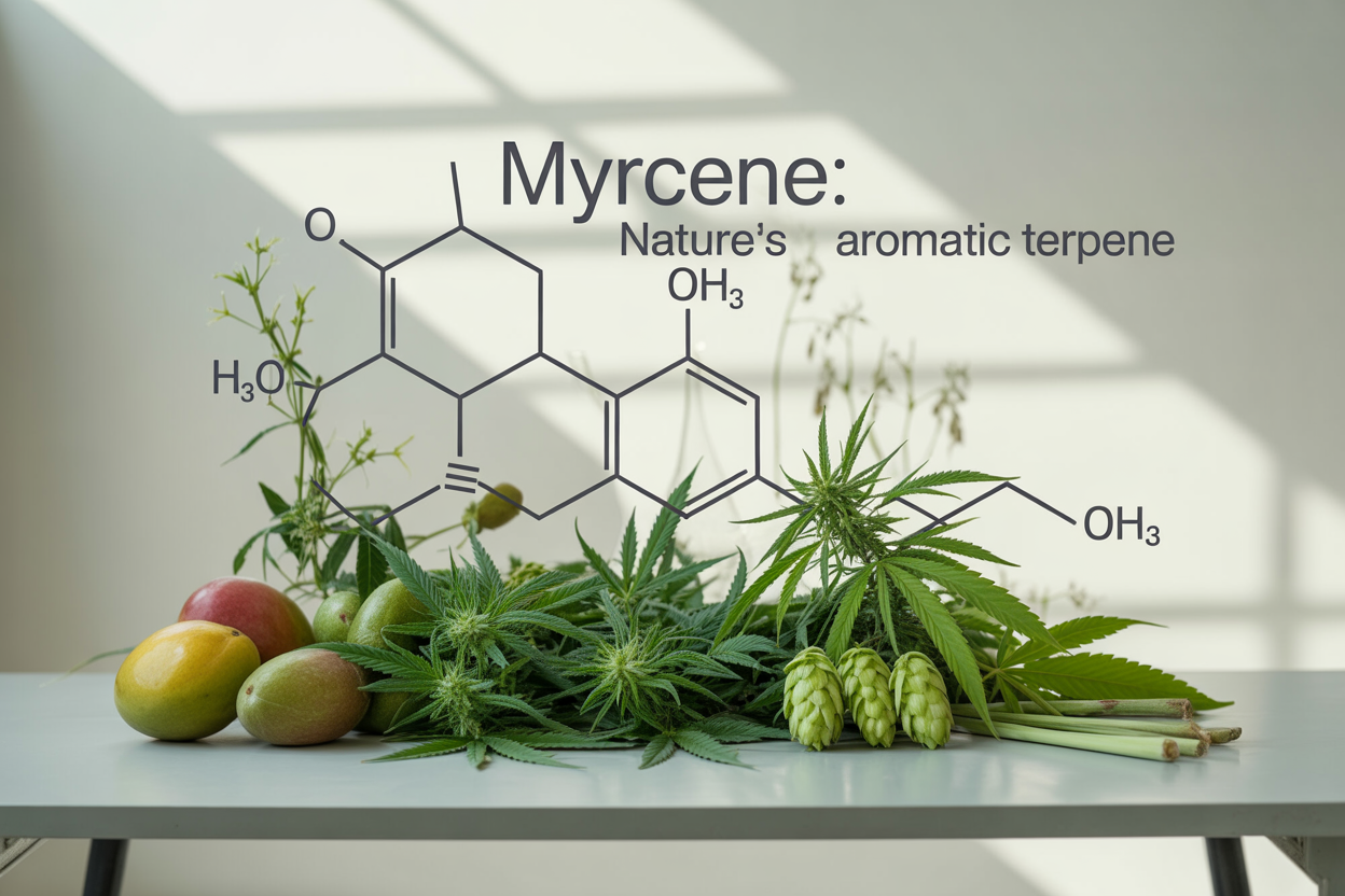 Create a realistic image of a close-up view of fresh green cannabis leaves and buds alongside other natural plants like mangoes, hops, and lemongrass arranged on a clean white laboratory table, with a subtle molecular structure diagram of myrcene floating as a translucent overlay in the background, soft natural lighting from above creating gentle shadows, and the text "MYRCENE: Nature's Aromatic Terpene" displayed in modern sans-serif font in the upper portion of the image, conveying a scientific yet natural educational mood about this aromatic compound found across various plants.