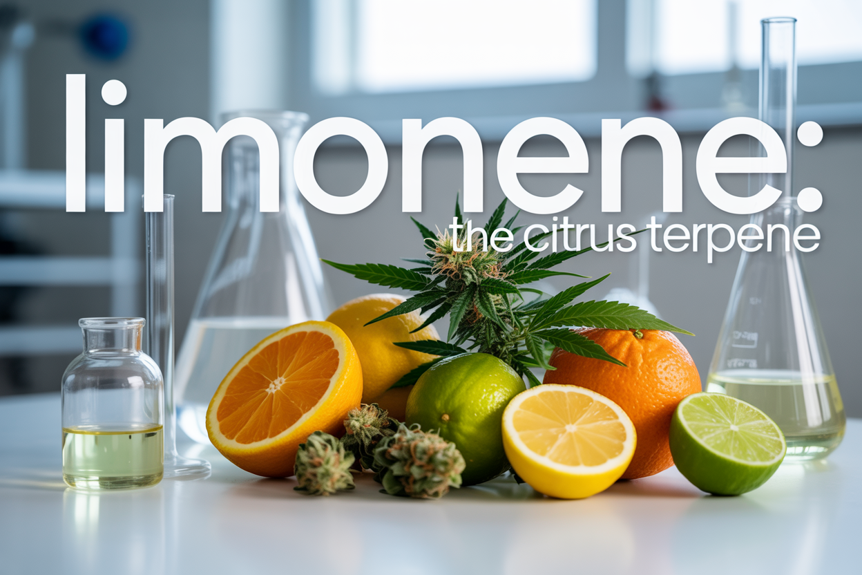 Create a realistic image of fresh citrus fruits including oranges, lemons, and limes arranged alongside cannabis buds and green cannabis leaves on a clean white laboratory table, with glass vials containing clear liquid samples and scientific measuring equipment in the background, bright natural lighting from above creating a clean professional atmosphere, with the text "LIMONENE: THE CITRUS TERPENE" overlaid in modern sans-serif font across the top portion of the image.
