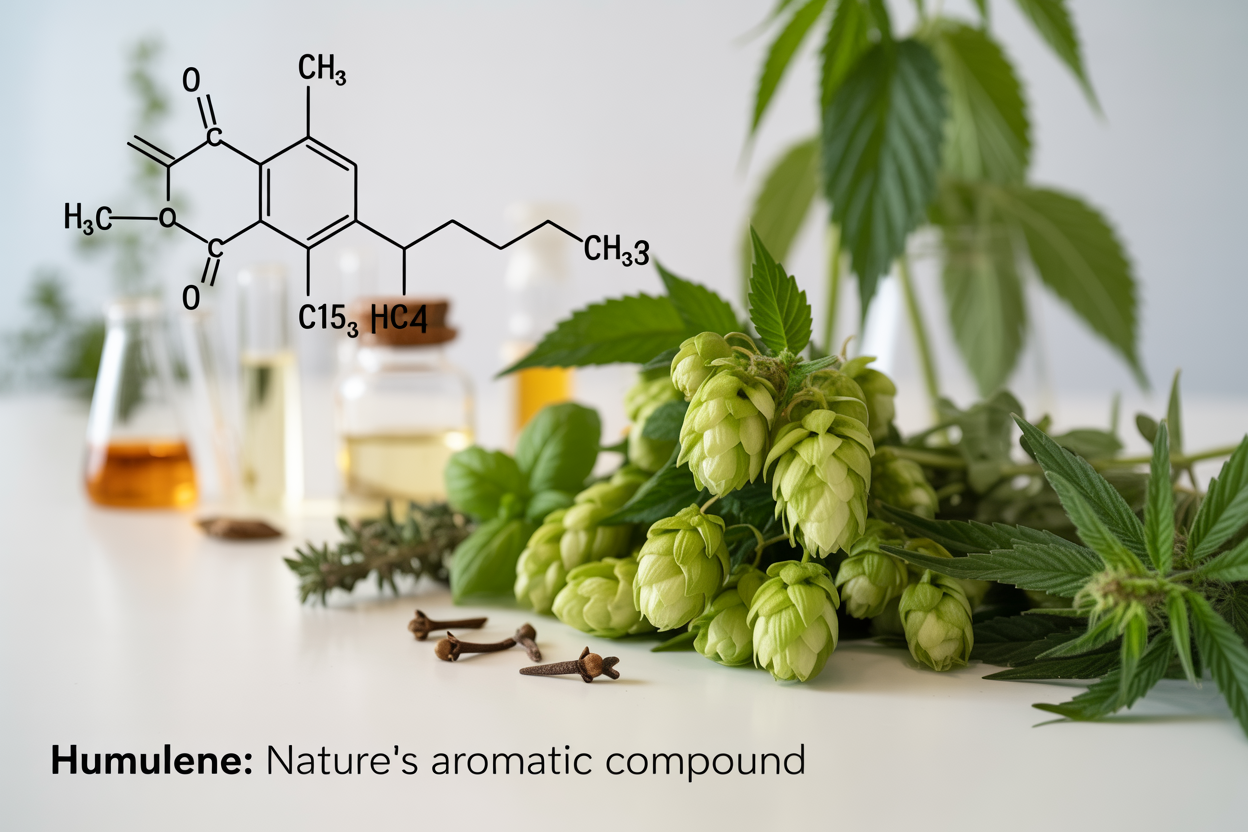 Create a realistic image of a close-up botanical composition featuring fresh green hop cones, cannabis leaves, and various herbs like basil and cloves arranged on a clean white laboratory table, with a subtle molecular structure diagram of humulene (C15H24) visible in soft focus in the background, accompanied by small glass vials containing plant extracts, under bright natural lighting that highlights the textures and details of the plants, with the text "HUMULENE: Nature's Aromatic Compound" elegantly overlaid in modern sans-serif font at the bottom of the image.