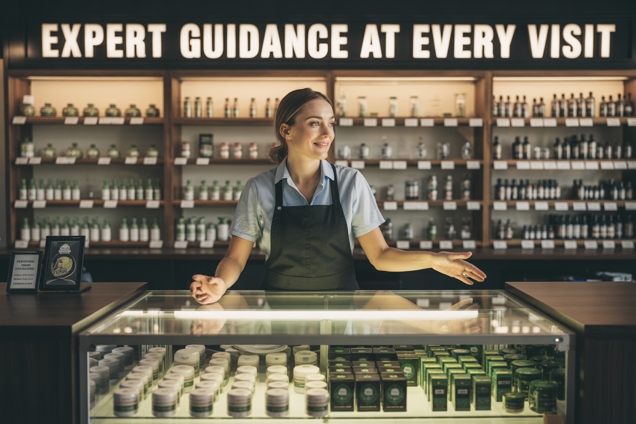 Create a realistic image of a friendly white female budtender standing behind a modern dispensary counter, wearing a professional apron, gesturing toward an illuminated display case filled with various cannabis products, with a diverse selection of glass jars and product packages visible on shelves in the background, warm professional lighting creating a welcoming atmosphere, and the text "Expert Guidance at Every Visit" prominently displayed across the top of the image.