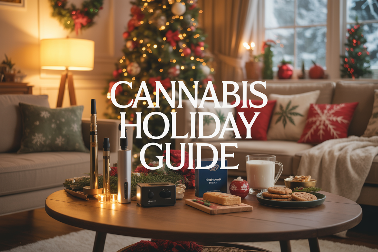 Create a realistic image of a cozy holiday living room with warm golden lighting, featuring a decorated Christmas tree in the background, a wooden coffee table with elegant cannabis products like sleek vaporizers and premium packaging alongside holiday cookies and hot cocoa, festive red and green decorations, soft throw blankets on a comfortable sofa, and snowfall visible through a window, with the text "Cannabis Holiday Guide" elegantly overlaid in modern font, conveying a welcoming and sophisticated holiday atmosphere that blends traditional celebration with modern cannabis culture.
