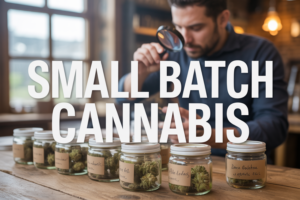 Create a realistic image of cannabis buds in small glass jars with handwritten labels, arranged on a rustic wooden table with soft natural lighting from a window, featuring a white male budtender in the background carefully examining cannabis flowers with a magnifying glass, with warm golden lighting creating an artisanal atmosphere, and bold text overlay reading "SMALL BATCH CANNABIS" prominently displayed across the top of the image.