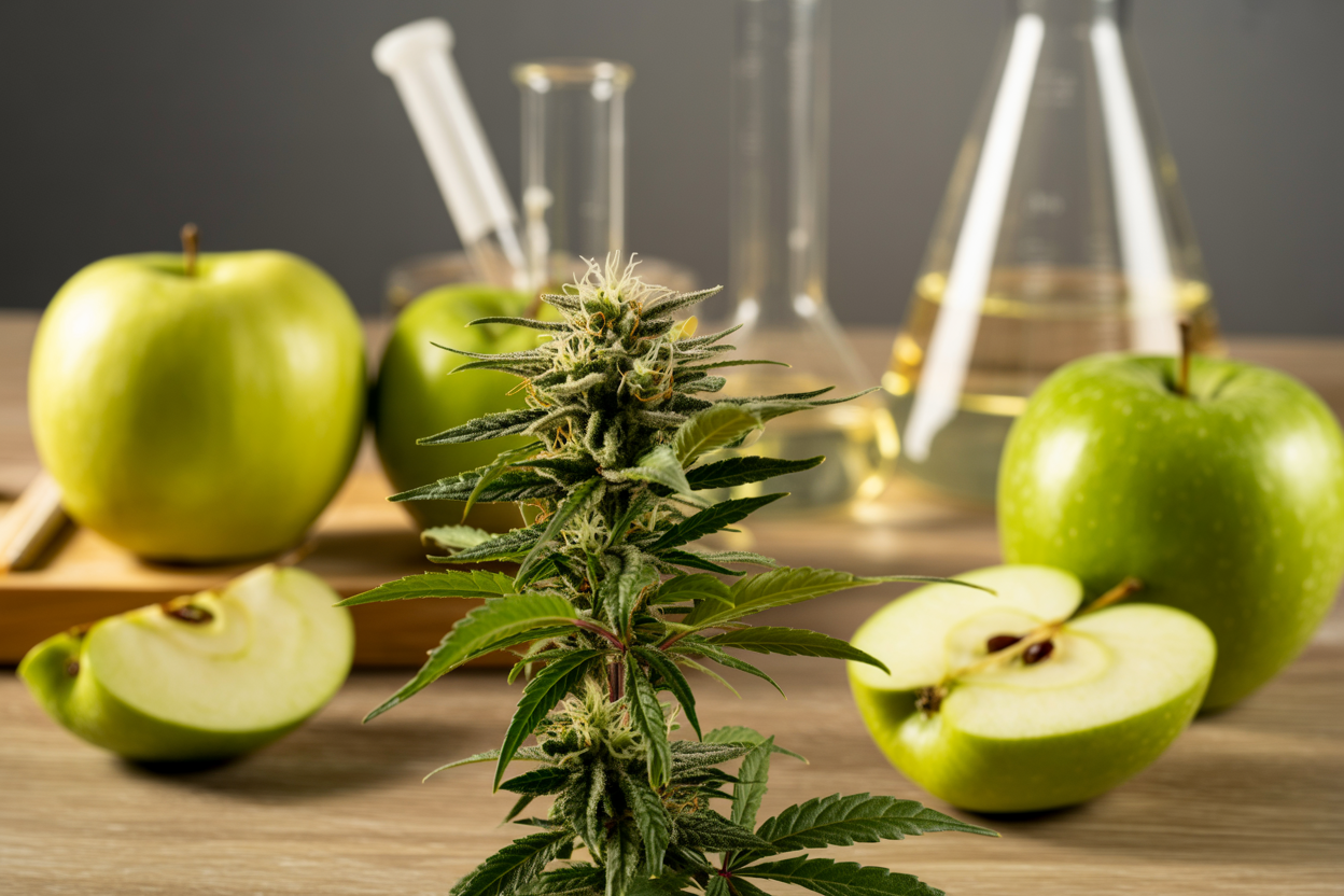 Create a realistic image of a close-up cannabis plant with vibrant green leaves and trichomes in the foreground, surrounded by fresh green apples and apple slices to represent farnesene's fruity aroma, with a soft-focus laboratory setting in the background featuring glass beakers and scientific equipment, warm natural lighting highlighting the plant's details and the apple's glossy surface, creating an educational and scientific mood that emphasizes both the natural and research aspects of cannabis terpenes.