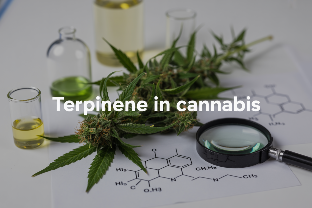 Create a realistic image of a close-up view of fresh green cannabis leaves and buds arranged on a clean white laboratory surface, with small glass vials containing clear terpene samples and molecular structure diagrams of terpinene compounds visible in the background, accompanied by a magnifying glass focusing on the plant material, under bright scientific lighting that emphasizes the natural textures and colors, with the text "Terpinene in Cannabis" elegantly overlaid in modern sans-serif font.