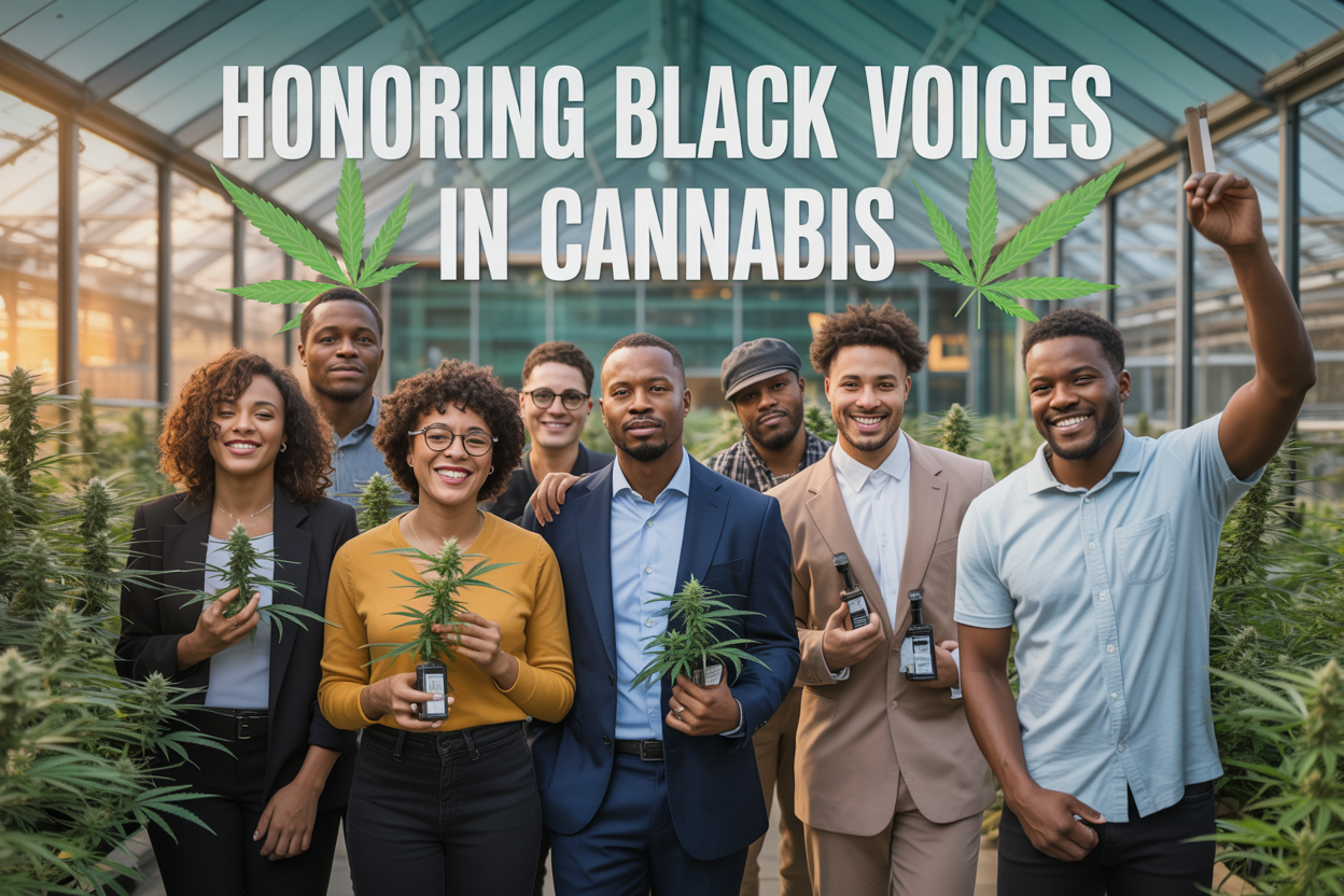 Create a realistic image of a diverse group of Black entrepreneurs and community leaders standing together in front of a modern cannabis dispensary or greenhouse, with some holding cannabis plants or products, wearing professional attire, warm natural lighting creating an uplifting atmosphere, with the text "Honoring Black Voices in Cannabis" prominently displayed, green cannabis leaves and subtle African-inspired design elements in the background, conveying a sense of pride, progress, and community empowerment.