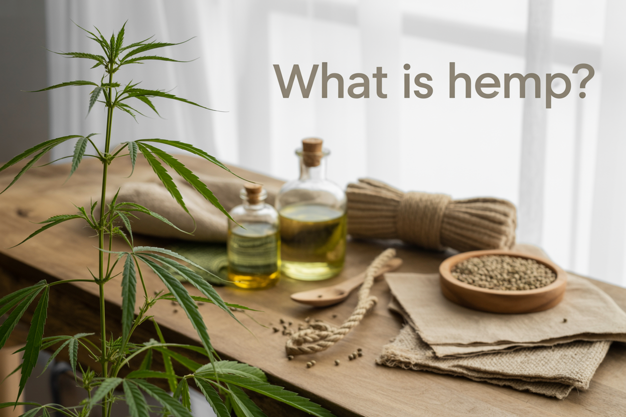 Create a realistic image of a close-up view of green hemp plants with distinctive serrated leaves in the foreground, with various hemp products like hemp oil bottles, hemp seeds in a wooden bowl, hemp rope, and hemp fabric samples arranged on a rustic wooden table, soft natural lighting from a window creating gentle shadows, clean and educational mood, with the text "What Is Hemp?" overlaid in modern sans-serif font in the upper portion of the image.