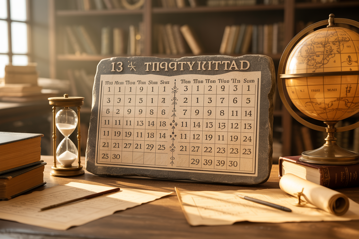 Create a realistic image of an ancient stone tablet or parchment displaying both a 13-month calendar system and a modern 12-month calendar side by side for comparison, with Roman numerals and ancient astronomical symbols, set against a library or study background with warm golden lighting, old books and scrolls scattered around, featuring the text "13 నెలల క్యాలెండర్" prominently displayed, with a vintage hourglass and celestial globe as complementary elements to emphasize the passage of time and calendar evolution.