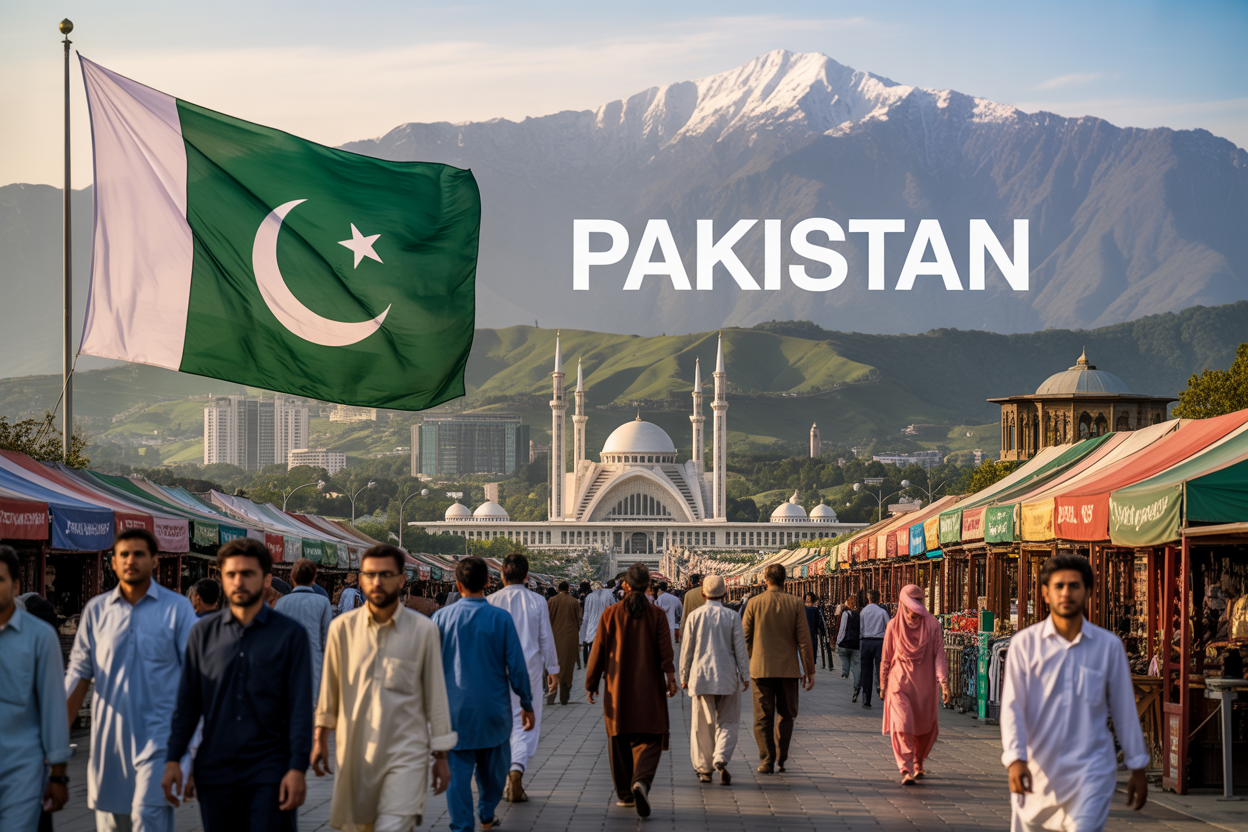 Create a realistic image of a panoramic composition showcasing Pakistan's key elements: in the foreground, the modern skyline of Islamabad with the iconic Faisal Mosque, in the middle ground rolling green hills and traditional Pakistani architecture, in the background snow-capped mountain peaks, with the Pakistani flag (green field with white crescent and star) prominently displayed on the left side, diverse Pakistani people in traditional clothing including both men and women of South Asian ethnicity walking in a bustling marketplace, warm golden hour lighting creating a welcoming atmosphere, and overlay text reading "PAKISTAN" in bold white letters across the upper portion of the image.