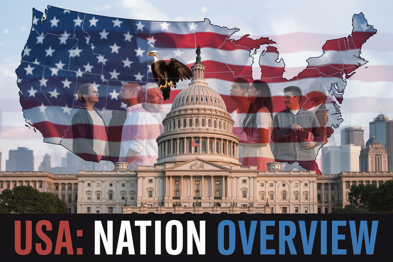 Create a realistic image of a patriotic American collage featuring the US Capitol building with its iconic dome prominently displayed in the center, surrounded by a subtle overlay of the American flag with stars and stripes, a detailed map of the United States showing state boundaries in the background, diverse group of people including white male, black female, and Hispanic male standing together representing the population, modern city skyline silhouettes, and golden eagle soaring above, with warm natural lighting creating an inspiring and unified atmosphere, include the text "USA: Nation Overview" in bold patriotic red, white, and blue colors positioned at the bottom of the image.