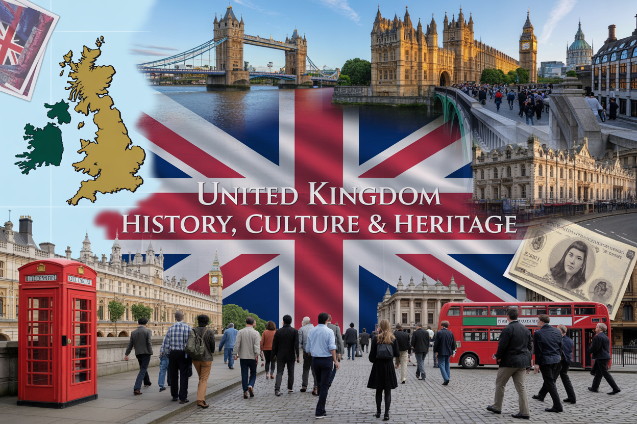 Create a realistic image of a comprehensive UK overview featuring the Union Jack flag prominently displayed in the center, with London's iconic Big Ben and Tower Bridge visible in the background, a detailed map of the British Isles showing England, Scotland, Wales and Northern Ireland, cultural elements including a red telephone booth and double-decker bus, historical architecture with medieval castles and Tudor buildings, diverse people of different races and genders in modern British attire walking through the scene, economic symbols like the London Stock Exchange building and British pound currency notes, all set against a bright daylight sky with the text "United Kingdom: History, Culture & Heritage" overlaid in elegant serif font.