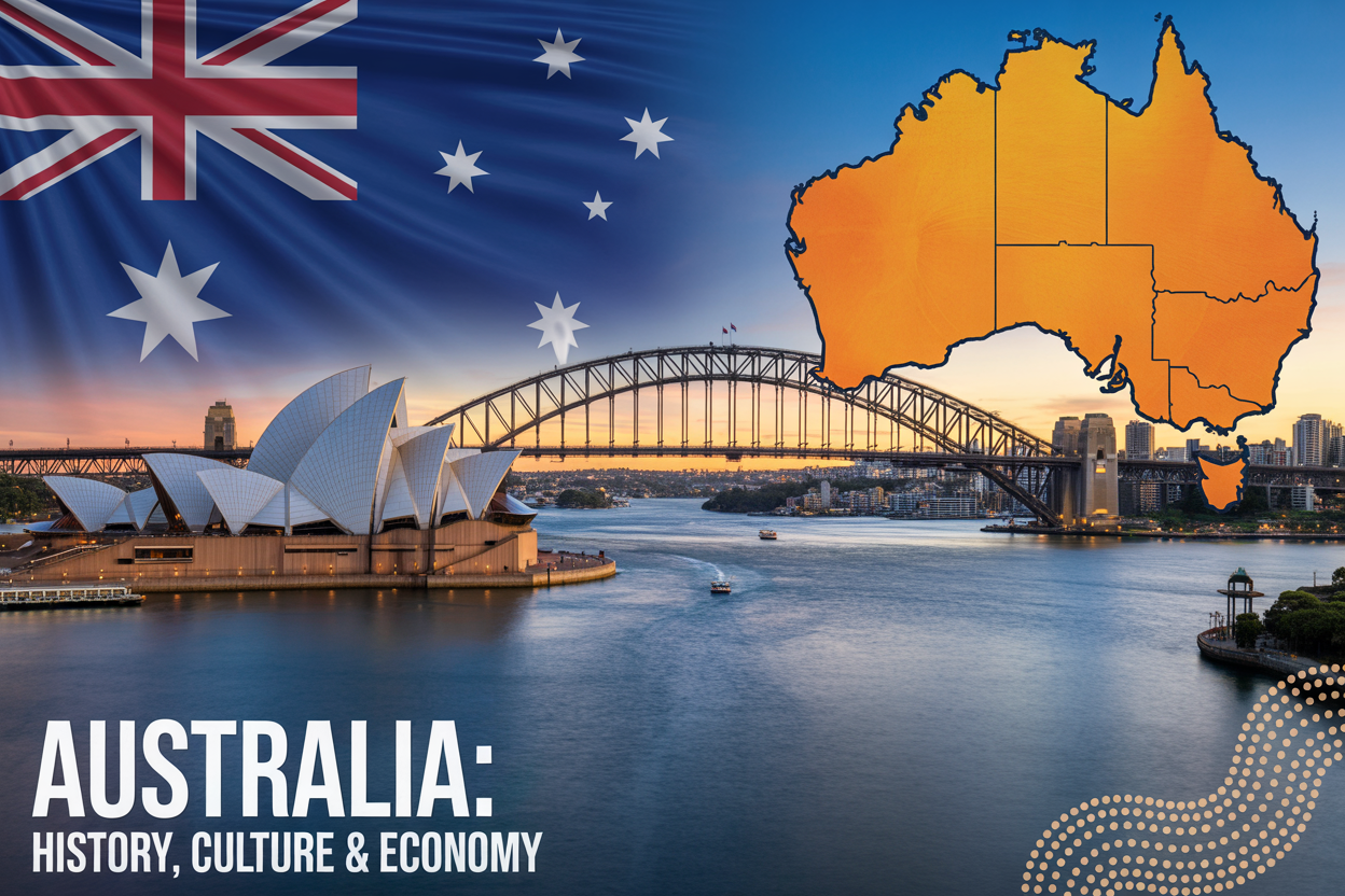 Create a realistic image of a panoramic view of Sydney Harbor featuring the iconic Sydney Opera House and Harbor Bridge, with the Australian flag prominently displayed in the foreground, a detailed map of Australia showing major cities as an overlay element, Aboriginal dot art patterns subtly incorporated into the border design, golden sunset lighting casting warm tones across the harbor water, and the text "AUSTRALIA: History, Culture & Economy" elegantly positioned at the bottom of the image.