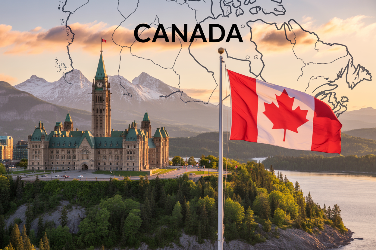 Create a realistic image of a panoramic view of Canada featuring the iconic Parliament Buildings in Ottawa with their distinctive Gothic Revival architecture and Peace Tower in the foreground, the red and white Canadian flag with its maple leaf prominently displayed on a flagpole, a diverse landscape showing snow-capped Rocky Mountains in the background, boreal forests, and a portion of one of Canada's great lakes, with subtle overlays showing a map outline of Canada's provinces and territories, warm golden hour lighting creating a majestic atmosphere, and the text "CANADA" elegantly positioned in the upper portion of the image in bold, clean font.
