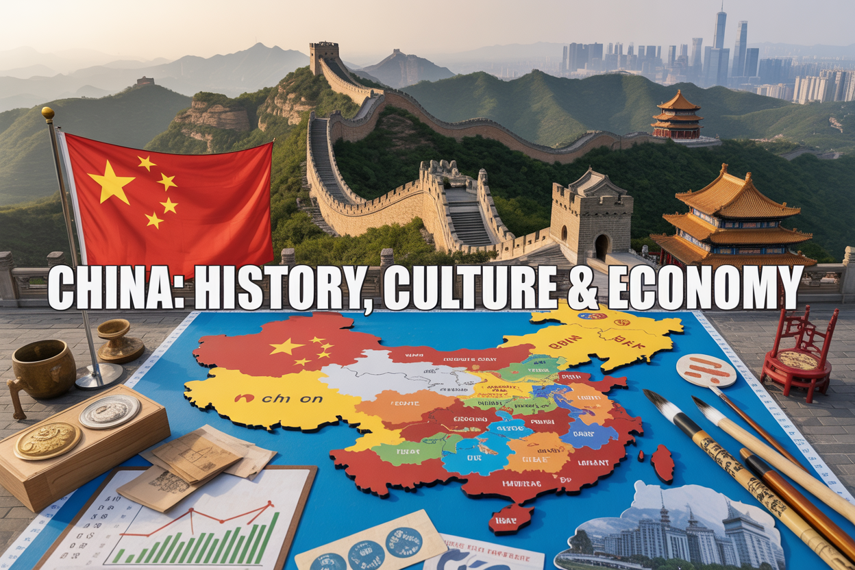 Create a realistic image of a comprehensive China overview featuring the Great Wall of China stretching across mountainous terrain in the background, the Chinese flag prominently displayed on the left side, a detailed map of China showing major cities and regions in the center, traditional Chinese architecture including pagodas and temples on the right side, modern Beijing skyline with skyscrapers in the distance, Chinese currency (yuan) and economic symbols like graphs and trade icons scattered throughout, traditional Chinese cultural elements like calligraphy brushes and scrolls, warm golden lighting suggesting prosperity and rich heritage, with the text "CHINA: HISTORY, CULTURE & ECONOMY" overlaid in bold modern font across the top portion of the image.