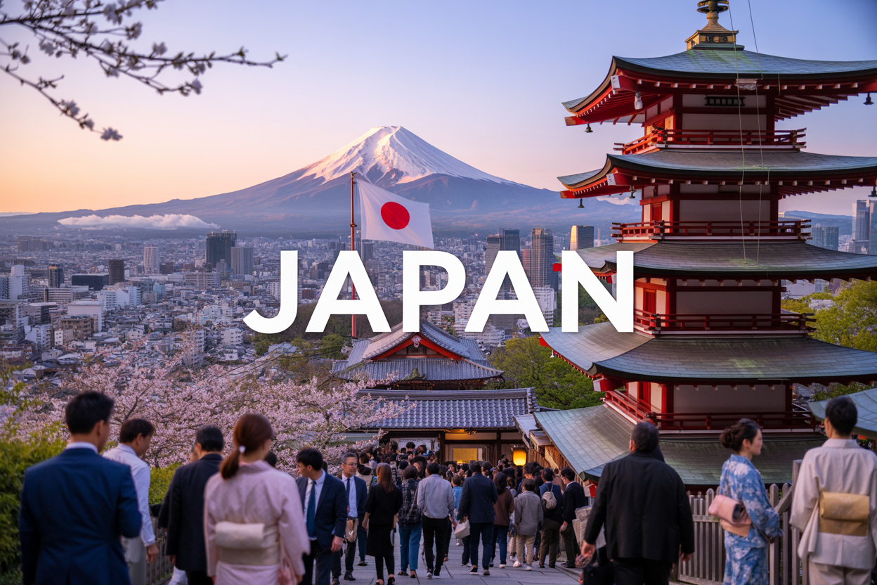 Create a realistic image of a panoramic collage featuring iconic Japanese elements including Mount Fuji in the background, traditional pagoda temple, modern Tokyo skyline with skyscrapers, Japanese flag prominently displayed, cherry blossom branches in the foreground, traditional torii gate, and busy street scene with diverse mix of Asian people in both traditional kimono and modern business attire, with warm golden hour lighting and the text "JAPAN" elegantly overlaid in bold modern font.