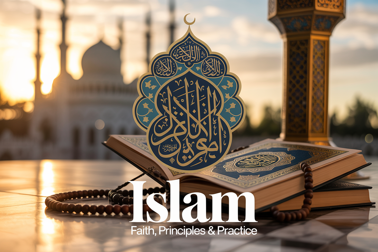 Create a realistic image of an elegant Islamic calligraphy artwork featuring Arabic text and geometric patterns in gold and deep blue colors, with an ornate mosque silhouette in the background during golden hour lighting, a closed Quran with prayer beads resting beside it, and the text "ISLAM: Faith, Principles & Practice" overlaid in sophisticated typography at the bottom of the composition.