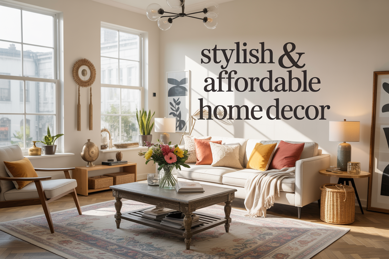 Create a realistic image of a beautifully styled living room showcasing a mix of budget-friendly and stylish home decor elements including a cozy sofa with colorful throw pillows, a vintage coffee table with fresh flowers, DIY wall art, modern lighting fixtures, and decorative accessories arranged tastefully throughout the space, with warm natural lighting streaming through large windows, and the text "Stylish & Affordable Home Decor" elegantly overlaid in modern typography.