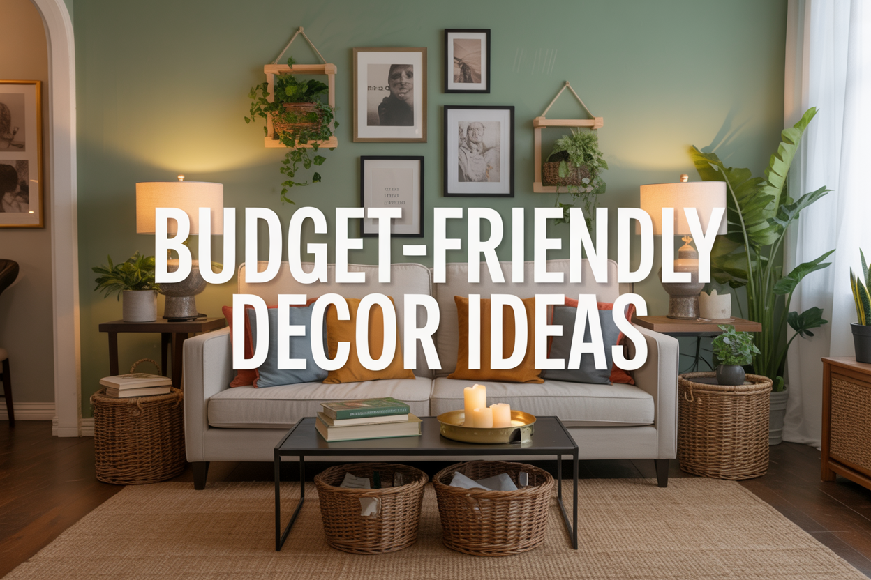 Create a realistic image of an elegant and budget-friendly living room featuring a beige sofa with colorful throw pillows, a DIY gallery wall with framed art, green plants in decorative pots, warm ambient lighting from table lamps, a painted accent wall in soft sage green, woven storage baskets that serve as decor, and a coffee table styled with books and candles, with the text "Budget-Friendly Decor Ideas" prominently displayed in modern typography overlaid on the scene, captured in bright natural lighting that showcases the sophisticated yet affordable styling.