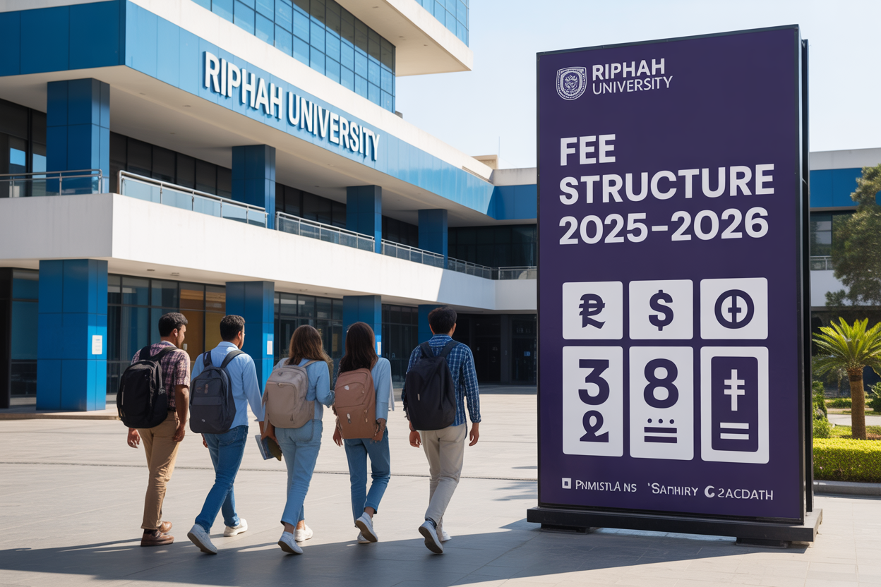 Create a realistic image of a modern university campus building with "Riphah University" signage prominently displayed, featuring a diverse group of students including white and black males and females walking with backpacks and books, alongside a large professional banner or digital display board showing "Fee Structure 2025-2026" with Pakistani rupee symbols and calculator graphics, set against a clean academic environment with blue and white color scheme, bright daylight lighting, and contemporary architectural elements.