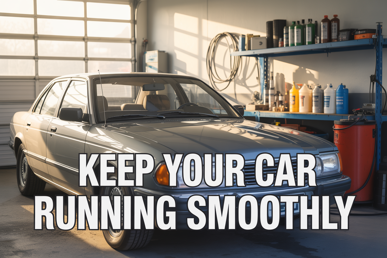 Create a realistic image of a clean, well-maintained sedan car in a bright garage with maintenance tools and equipment visible in the background, including tire gauges, battery charger, coolant containers, and brake fluid bottles on shelves, with soft natural lighting streaming through garage windows creating a professional automotive maintenance atmosphere, and overlay text reading "Keep Your Car Running Smoothly" in bold, clear typography across the lower portion of the image.