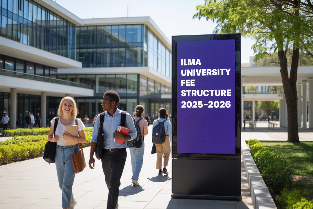 Create a realistic image of a modern university campus building with glass facades and contemporary architecture, featuring a diverse group of students including a white female and black male walking with backpacks and books, with a prominent digital display board or banner in the foreground showing "ILMA University Fee Structure 2025-2026", surrounded by green landscaping and trees, under bright daylight with professional lighting that emphasizes the academic atmosphere and financial planning theme.
