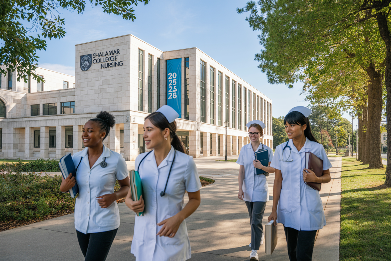 Create a realistic image of a modern nursing college campus featuring a prominent white stone building with "Shalamar College of Nursing" signage, diverse nursing students in white uniforms including black female, white male, and Asian female students walking on a tree-lined pathway carrying medical textbooks and stethoscopes, with a bright welcoming entrance displaying "2025-2026" banner, surrounded by green landscaping and clear blue sky, capturing an educational and professional healthcare training environment with warm natural lighting.