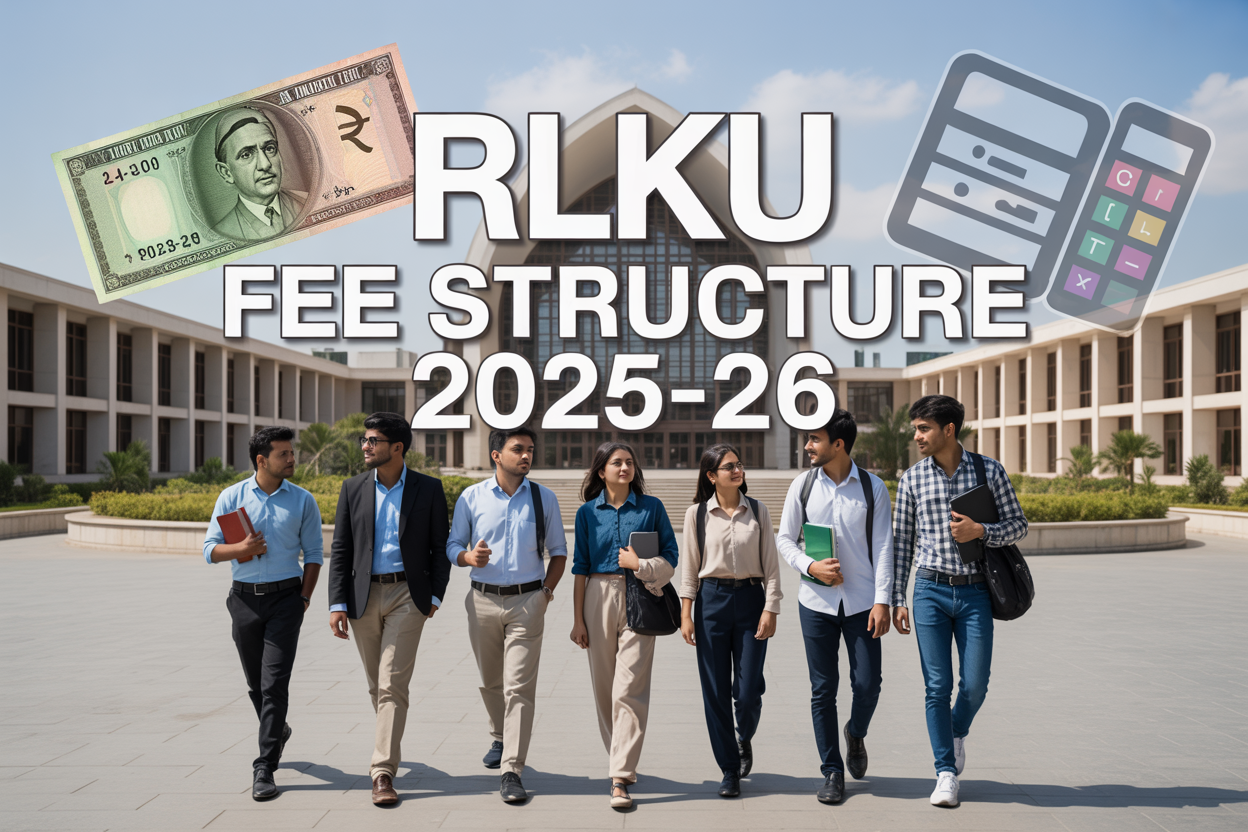Create a realistic image of a modern university campus building with Pakistani architecture elements, featuring a diverse group of South Asian students (both male and female) walking with books and laptops, overlaid with clear text reading "RLKU Fee Structure 2025-26", include Pakistani rupee currency symbols and calculator icons floating subtly in the background, bright daylight with clear blue sky, professional and academic atmosphere with green landscaping around the building.