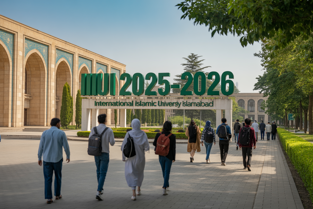 Create a realistic image of the International Islamic University Islamabad campus featuring a modern university building with Islamic architectural elements including arches and geometric patterns, diverse students of various ethnicities (Asian, Middle Eastern, African) walking on campus pathways carrying books and backpacks, lush green landscaping with trees, clear blue sky, natural daylight, with the text "IIUI 2025-2026" prominently displayed on a university sign or banner in the foreground.