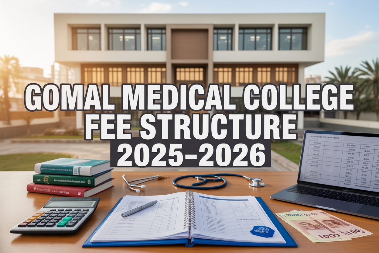 Create a realistic image of a modern medical college building facade with clean architecture, featuring a professional-looking wooden desk in the foreground with organized documents, calculator, Pakistani rupee notes, and a laptop displaying fee charts, complemented by medical textbooks and a stethoscope, with warm natural lighting streaming through windows, and overlay text reading "Gomal Medical College Fee Structure 2025-2026" in bold, professional typography.